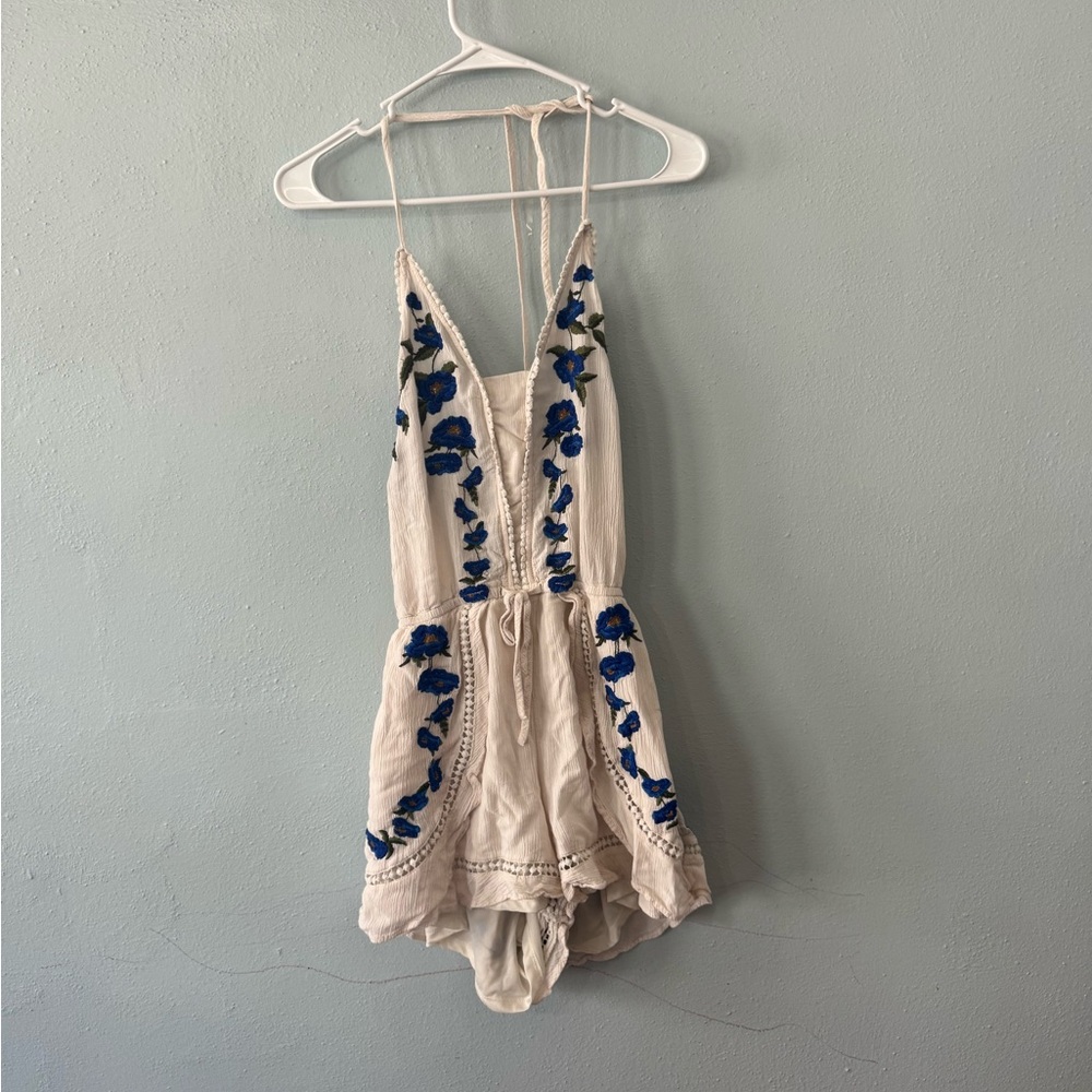 White Romper with Blue Floral Embroidery